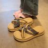 Cross-band slim sandals women 2025 new summer leisure seaside vacation one-word stepping on shit thick-soled slippers