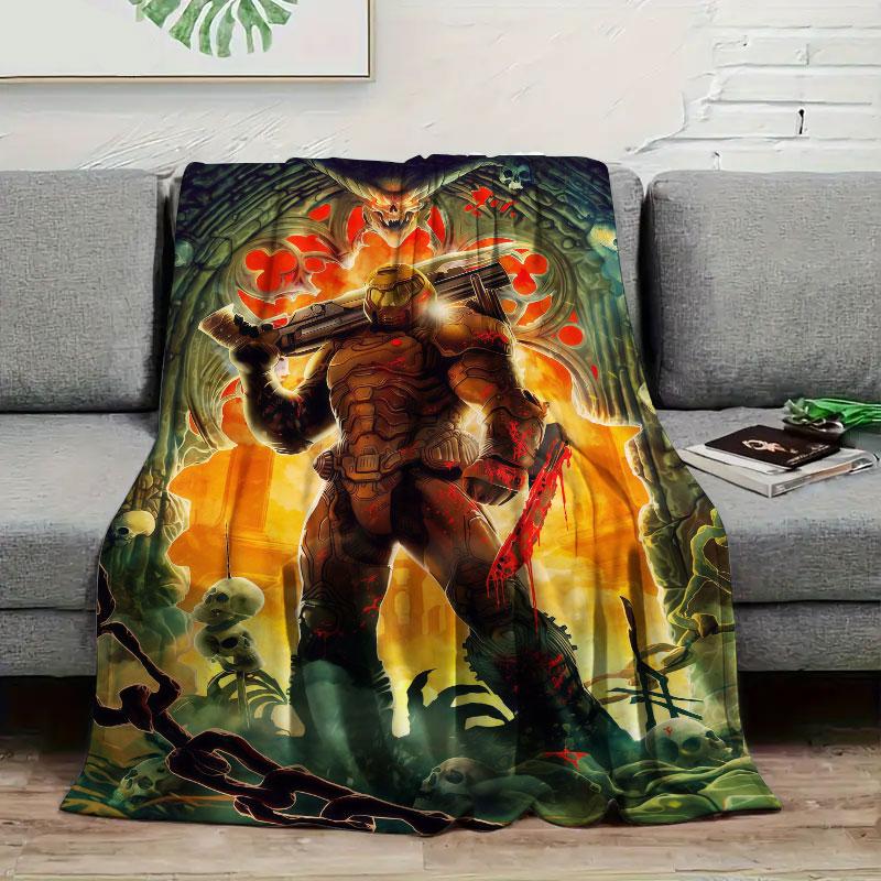 1Pc DOOM Print Flannel Blanket, High quality Comfortable for All Seasons, Home Decor, Warmth and Comfort, Perfect for Christmas Gifts