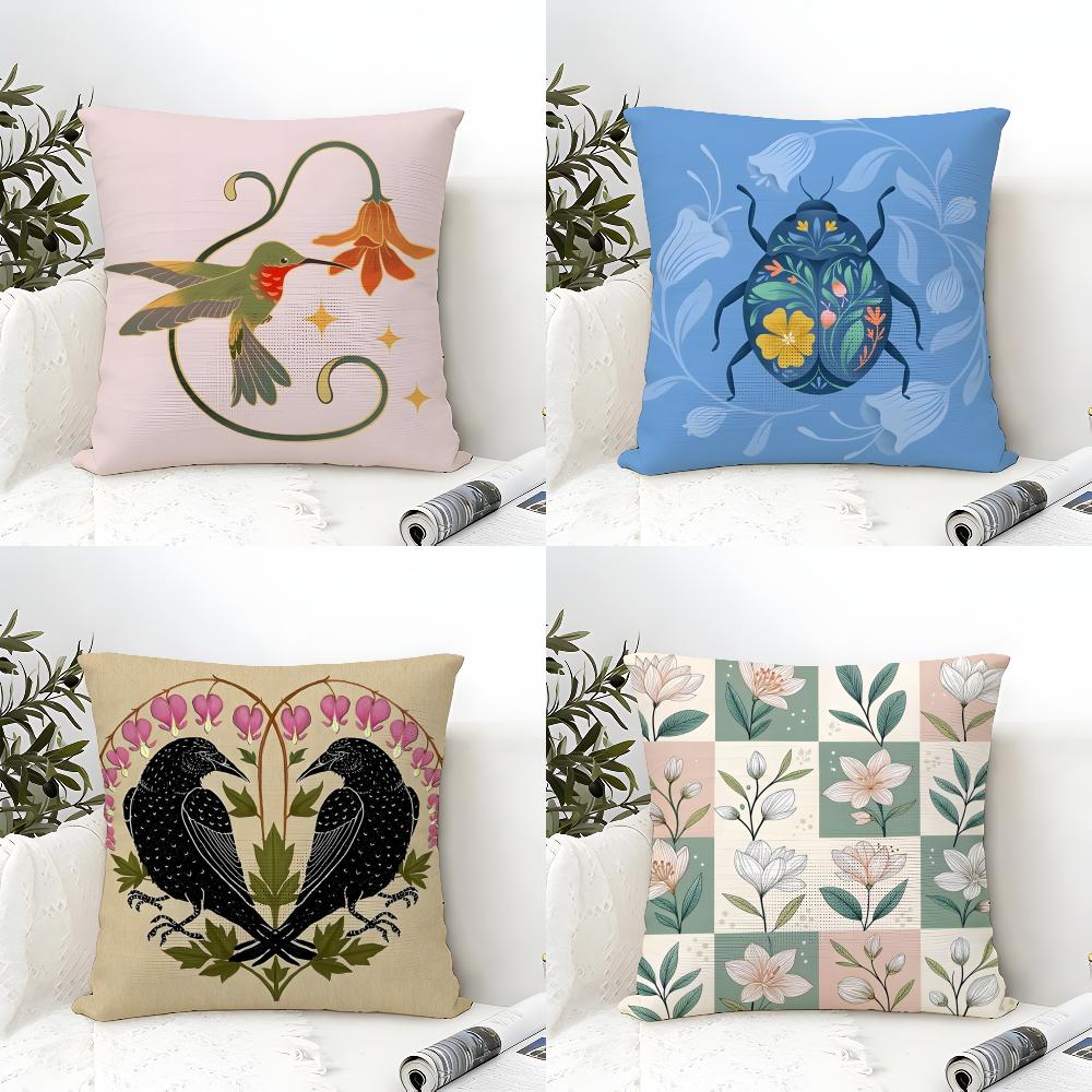 Butterfly, Bird And Flower Print Pillow Case Home Living Room Decoration Linen Pillowcover Pillow Cases Cushion Cover