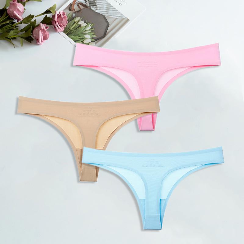 Ice Silk G-String for Women Sexy Seamless Thongs Panties Cotton Women Underwear Girls Ladies Bikini Briefs Lingerie 3 Pcs/set