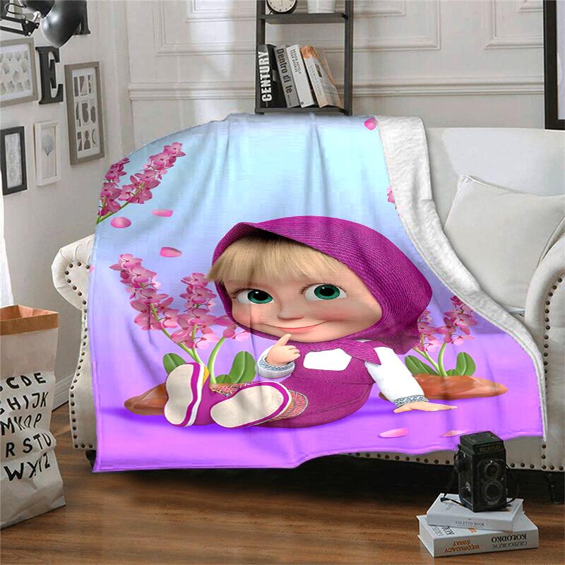 Msha and Bear Flannel Blanket Soft Warm All-Season Throw, Design for Camping, Car Travel, Hiking Sofa, Bed, Office Perfect Gift for Parties
