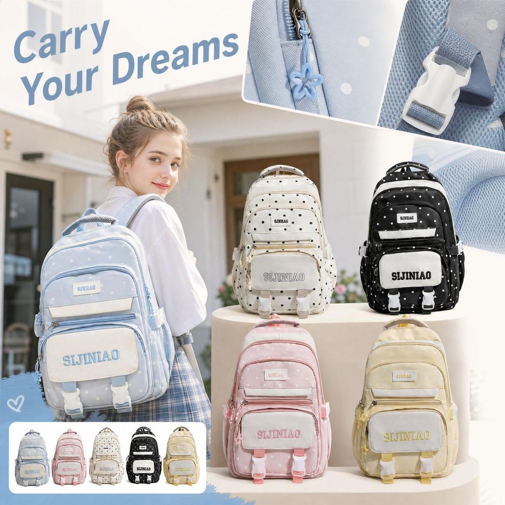 Girls Student Backpack with Polka Dot Color Block Design, Lightweight Bookbag with Padded Back Support for and High School Teens