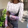 Women's  Slim Bottom T-shirt Fashion Casual Gradient Printing Round Neck Pullover Long Sleeve Top