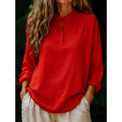 Spring Autumn Stand Collar Solid Color Vintage Shirt Women Long Sleeve Pullover Blouse Buttons Tee Top