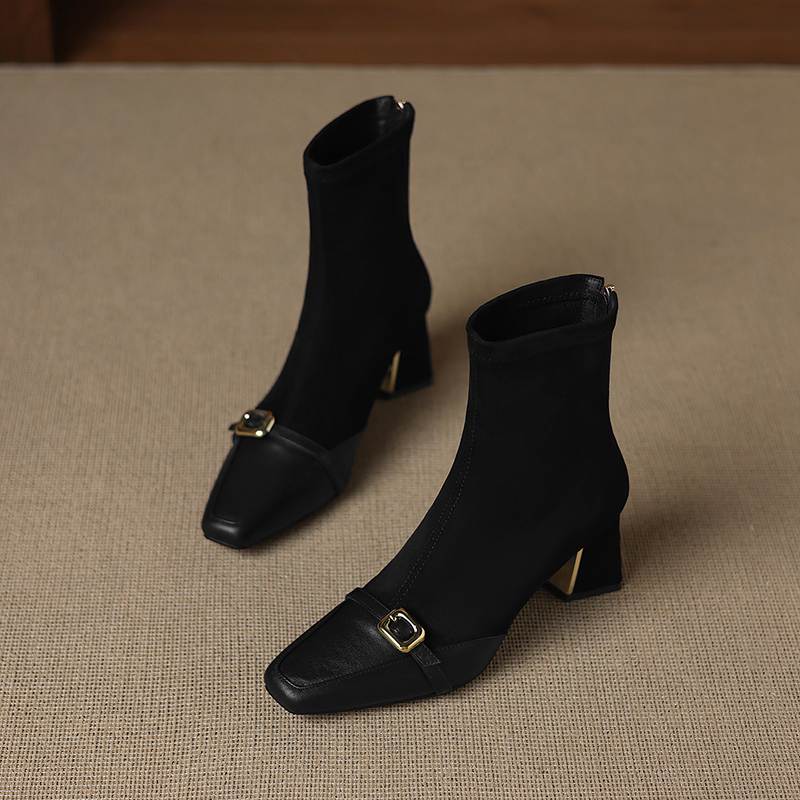 Krazing Pot Flock Cow Skin Square Toe Thick Heels Chelsea Boots Size 42 Beauty Lady Women Metal Buckle Ankle Boots
