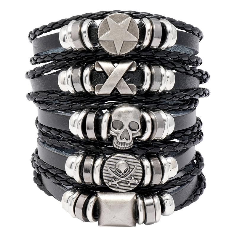 European and American New Accessories Punk Skull Hip-hop Trend Adjustable Rock Beads Men s Leather Bracelet чёрный