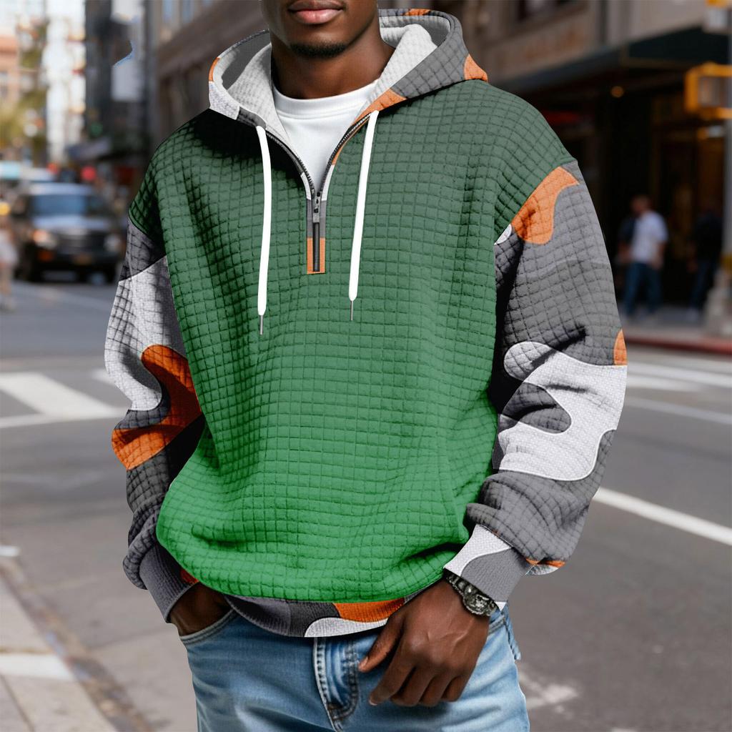 Sudadera Deportiva Casual para Hombre con Capucha y Media Cremallera a Cuadros con Cordón y Estampado