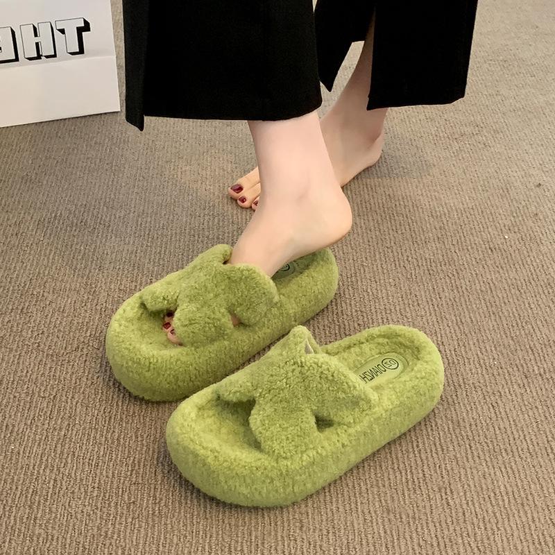 Premium soft-soled fluffy slippers for women's outer wear 2025 new autumn and winter thick-soled wool rolls home one-word cotton mop
