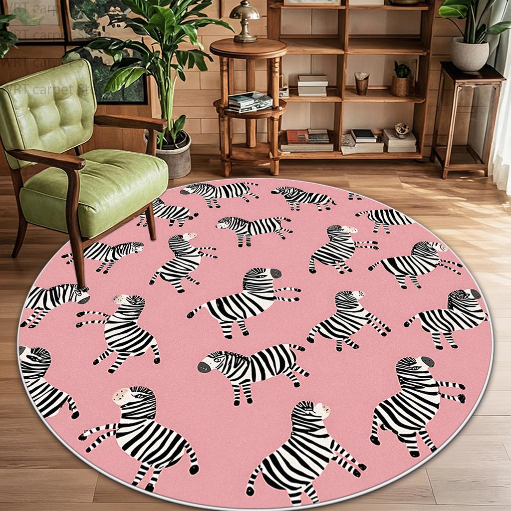 Thickened Children Cute Zebra Round Rug Retro Decor Home Bedroom Living Room Sofa Area Carpet Non-slip Washable Plush Floor Mat