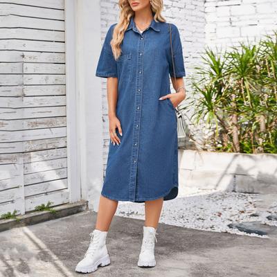 Jeanskleid für Damen Kurzarm Jeanskleid Knopfleiste Revers Hemdkleid Sommer Midi Shiftkleid mit Taschen