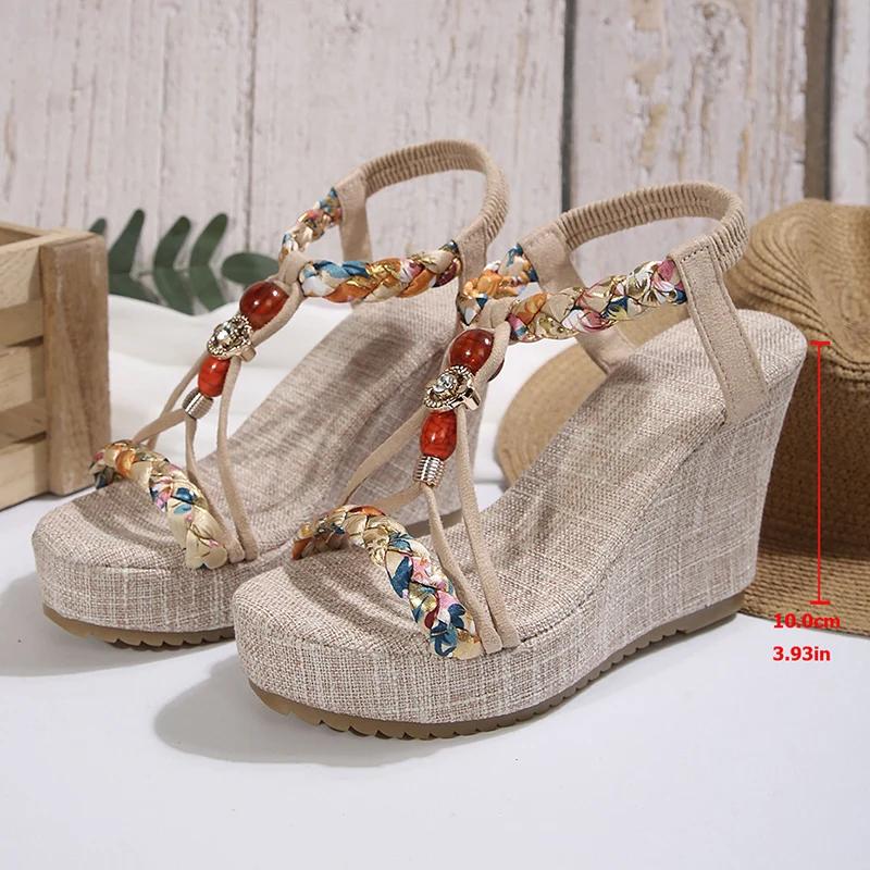Fashion Bohemian Style Women's Wedge Sandals Beaded Decor Chunky Platform Sandals for Women Summer 2025 Printed Weaving Beach Sandalias