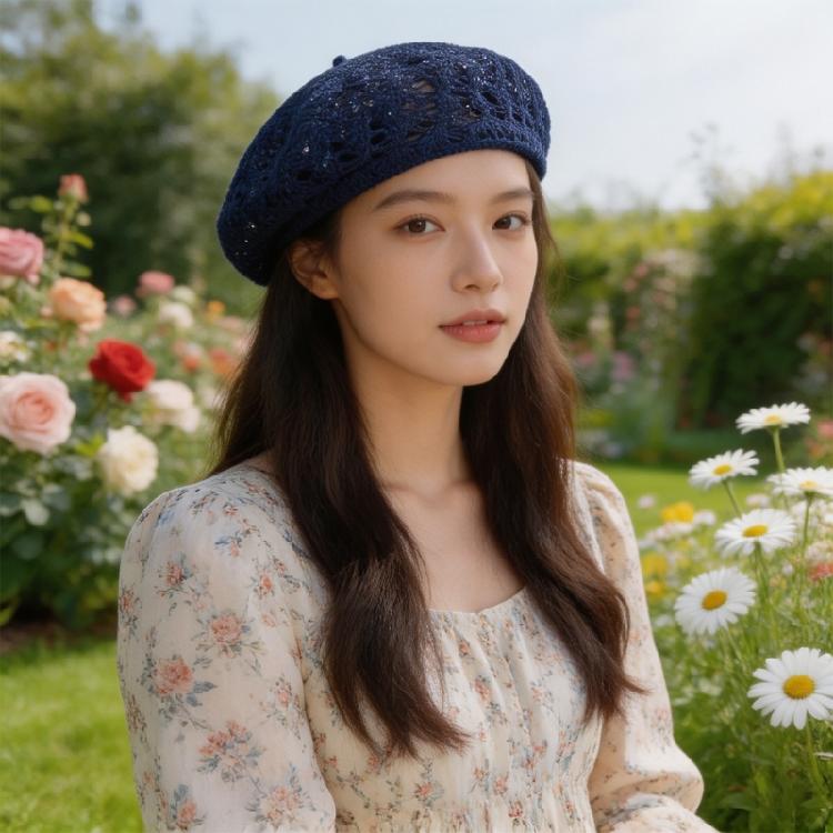 Breathable Hollow Knit Beret Hat Classical French Design Suitable For Most Head Sizes