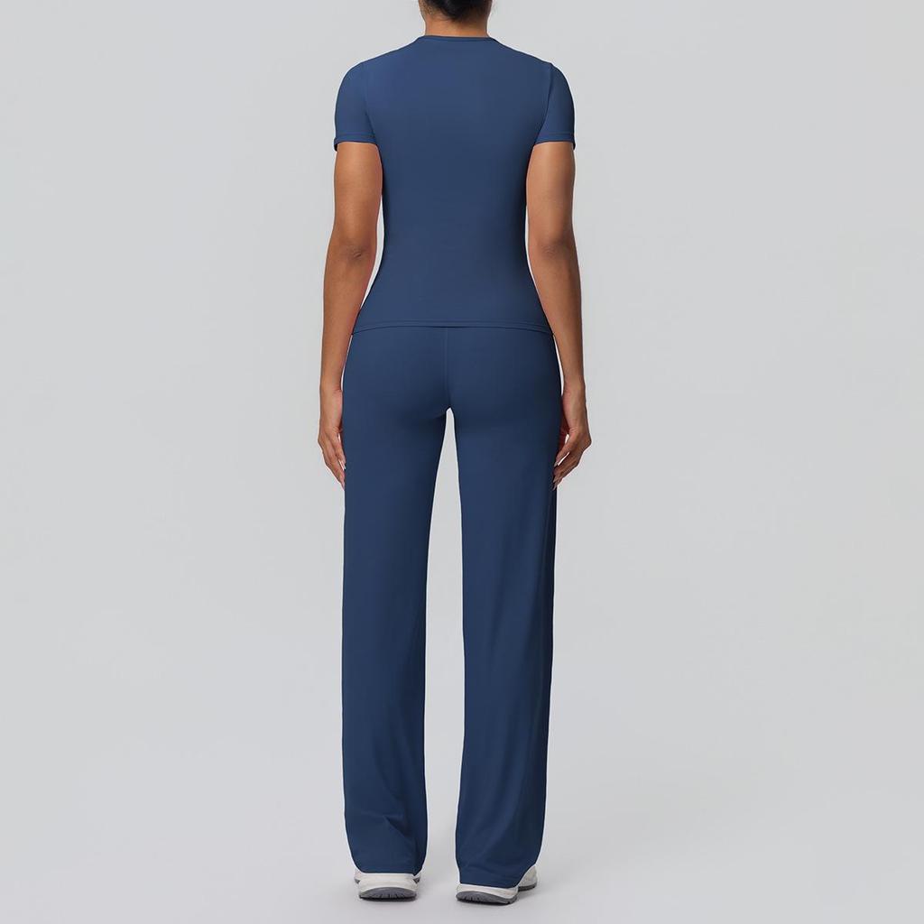 Tvådelad Enfärgad Yoga-dräkt: Dubbelsidig borstad långärmad topp med vida byxor för träning, löpning och fitness