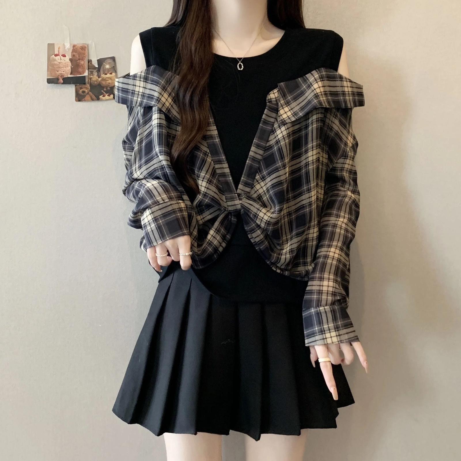 Plus Size Women s Retro Plaid Off-Shoulder Knitted Top 4XL (180-200 lbs)