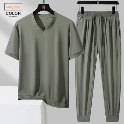 Conjunto de Manga Corta de Seda de Hielo para Hombre Verano Delgado Transpirable Elástico Casual Ropa Deportiva Conjunto de Dos Piezas