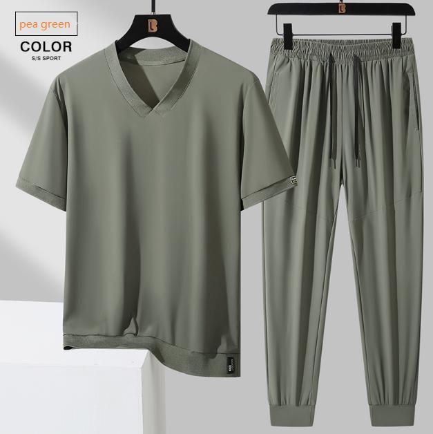 Ice Silk Short Sleeved Set Men's Summer Thin Breathable Elastic Casual Sportswear Two-piece Set