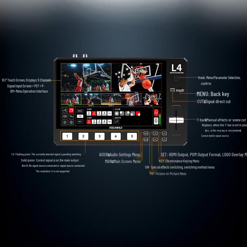 

Feelworld Fuwede L4 10.1 Touchscreen HDMI/SDI Multi-Camera Live Streaming Mixer