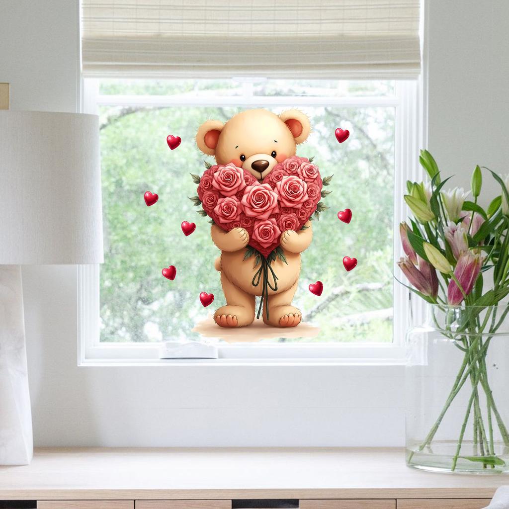 Cartoon Cute Teddy Bear with Roses and Hearts Static Cling Window Stickers No Glue for Bedroom Living Room Study Decor