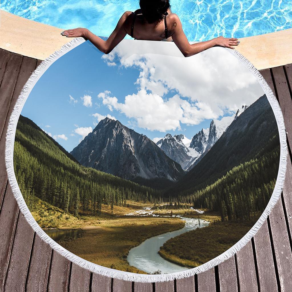 Natural Scenery Round Beach Towel Abstract Mountain Landscape Beach Blanket Sand Free Quick Dry Circle Bath Towel Soft Yoga Mat