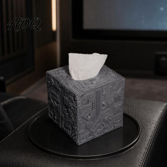 Matte Gray Tissue Holder Sci-fi Theme Box with Smooth Paper Extraction Large Capacity Cubic Design Towel Extraction Organizer Hard Shell