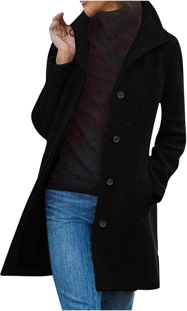 Womens Wool Coat With Pockets For Office Casual In Thick Polyester Fabric