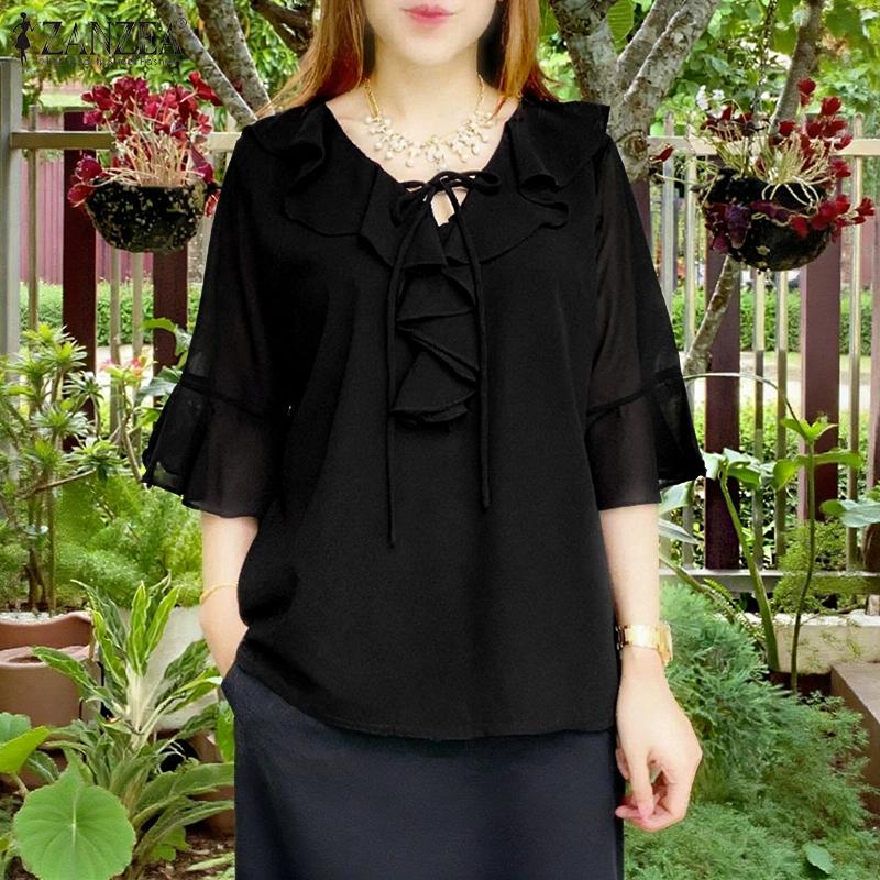 ZANZEA Blusa Casual para Mujer con Volantes, Cuello en V, Holgada, Manga 3/4, Lisa