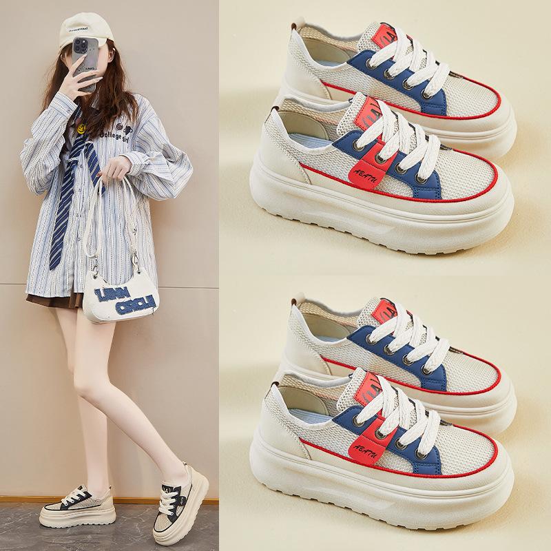 New Summer White Shoes for Female Students' Thick Sole Elevated Mesh Breathable Casual Shoes