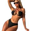 2026 Sexy Solid Color Metal Accessories Neck Hard Cup Steel Tray Split Swimsuit Bikini