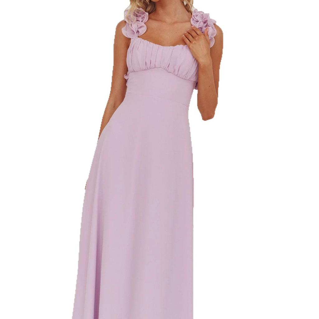European and American Cross-border New Purple Backless Ruffled Spaghetti Strap Dress for Women, Summer Elegant A-line Long Skirt
