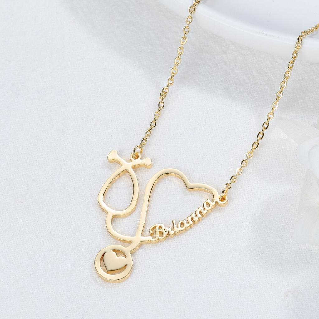 Collane con Nome Personalizzato Gioielli in Acciaio Inossidabile Personalizzate Placcatura Oro Ciondolo Stetoscopio Collane con Targhetta Nome Donna Regalo per Medico alla Fiera alla Moda