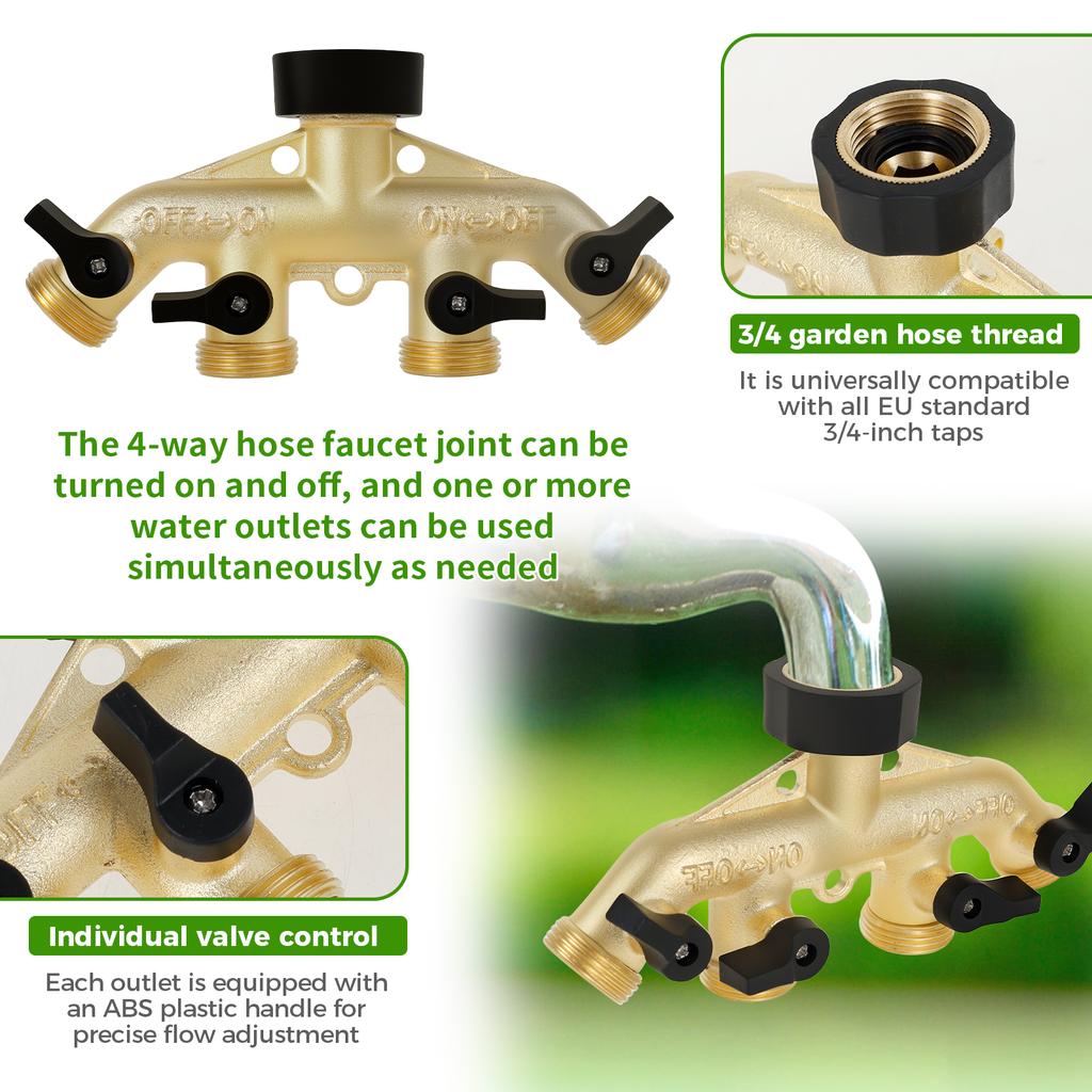 2/3/4-Wege-Verteiler für Leitungswasser, Hochleistungs-Messing-Gartenschlauch-Verteiler, 3/4-Zoll-Wasseranschlussverteiler für Zuhause, Hof/Wasch