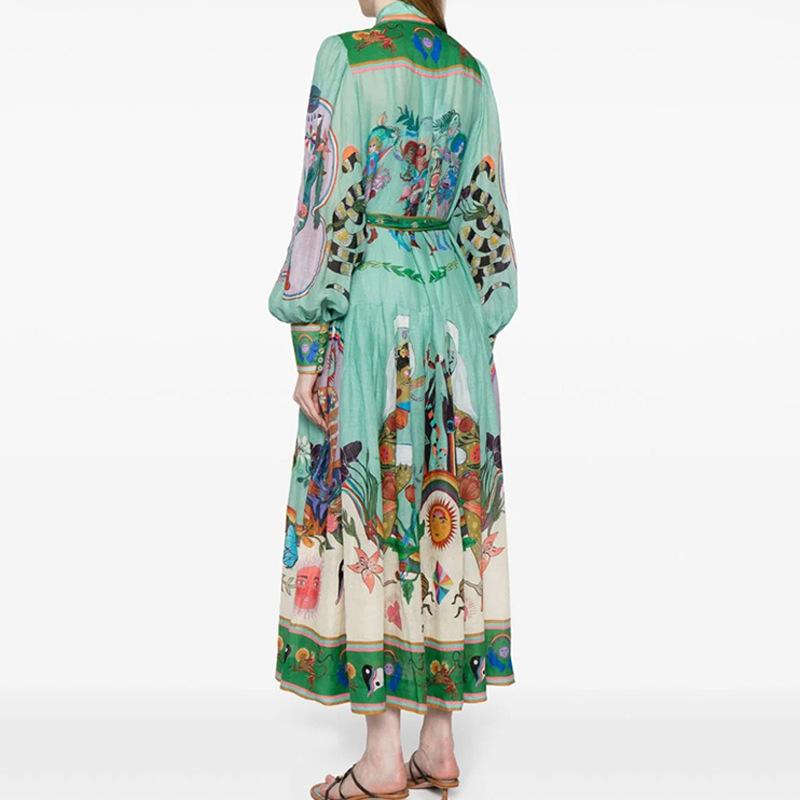 2026 Cross-border Foreign Trade European and American Women's Wear Spring New Printed Lapel Lantern Sleeve Waist-Cinching Dress 661