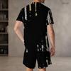 Men s Plus Size Green Black Printed Round Neck Short Sleeve Top And Drawstring Shorts Set