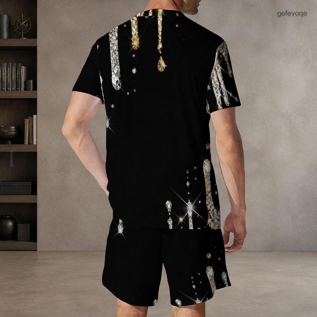 Men s Plus Size Green Black Printed Round Neck Short Sleeve Top And Drawstring Shorts Set