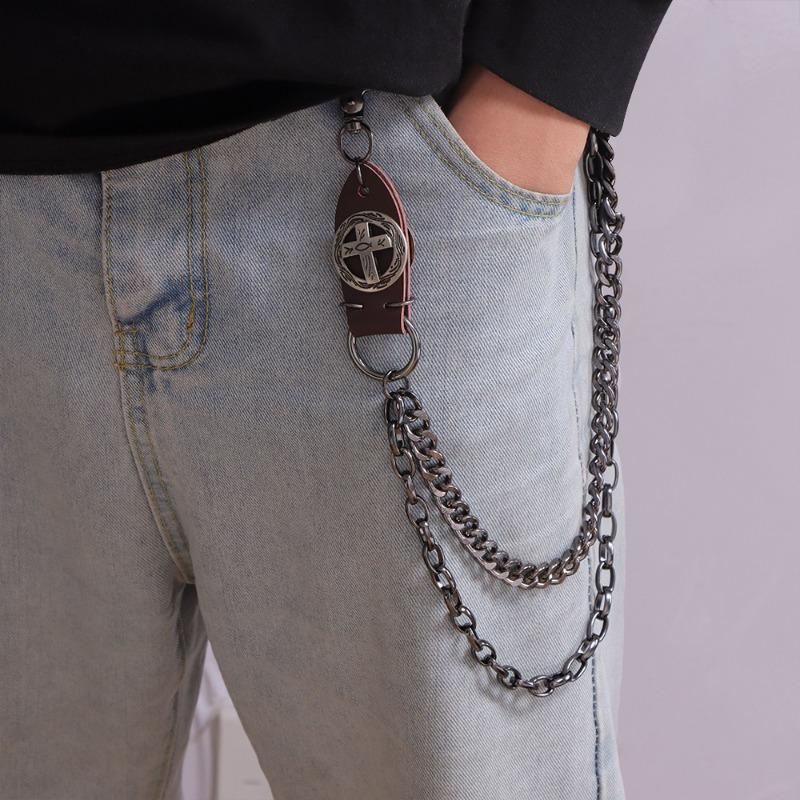 European and American punk style versatile metal jeans accessories waist chain, retro cowhide cross trendy men's and women's hip-hop trousers chain