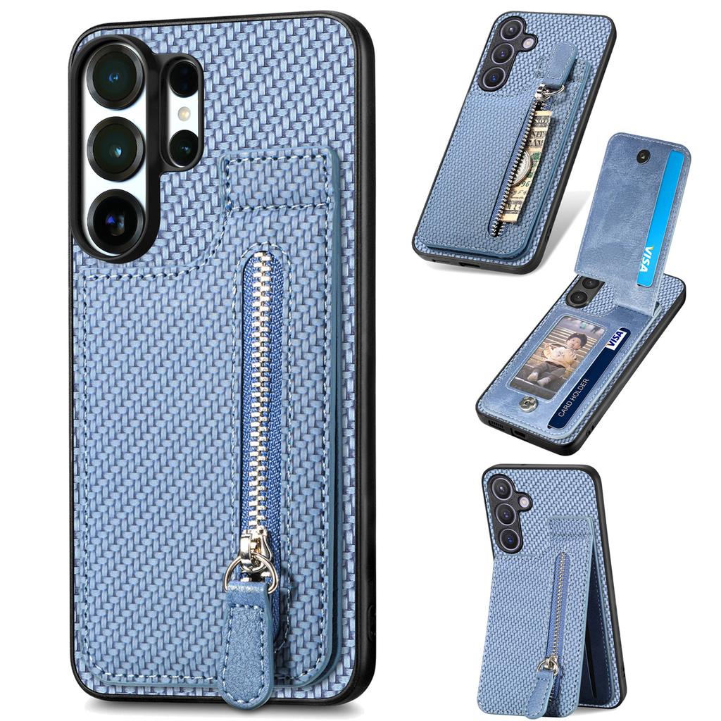Zipper Magnetic Carbon Fibrer Cards Solt Wallet Phone Case For Samsung S25 Ultra S24 Plus S23 A17 A07 Kickstand Flip Cover
