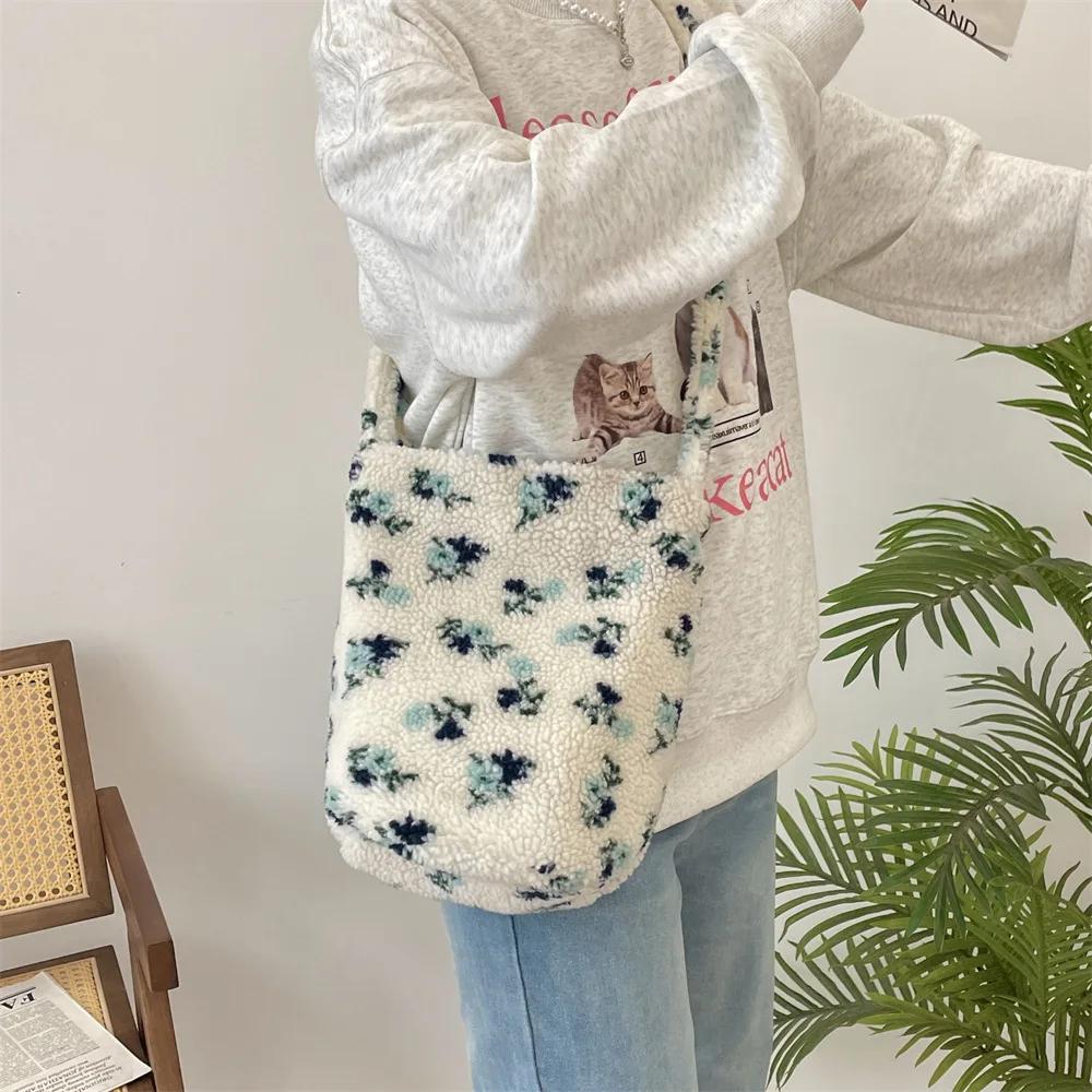 Bolso Cruzado Cubo de Lana de Cordero Sintética para Mujer, Bolsos de Hombro Vintage a Cuadros Florales para Señora, Bolsos de Mano Suaves de Felpa de Gran Capacidad para Mujer