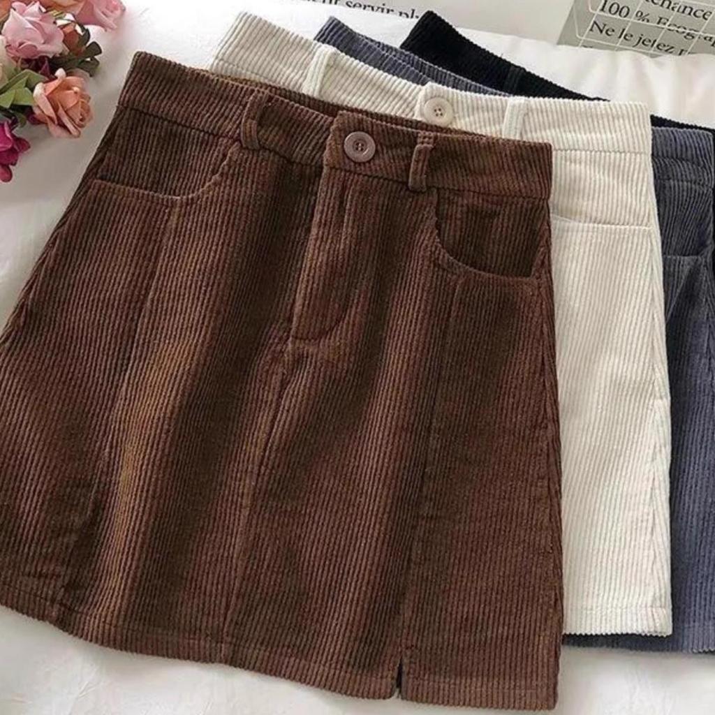 Korean Style Slimming High Waist Corduroy Midi Skirt - Autumn/Winter 2024