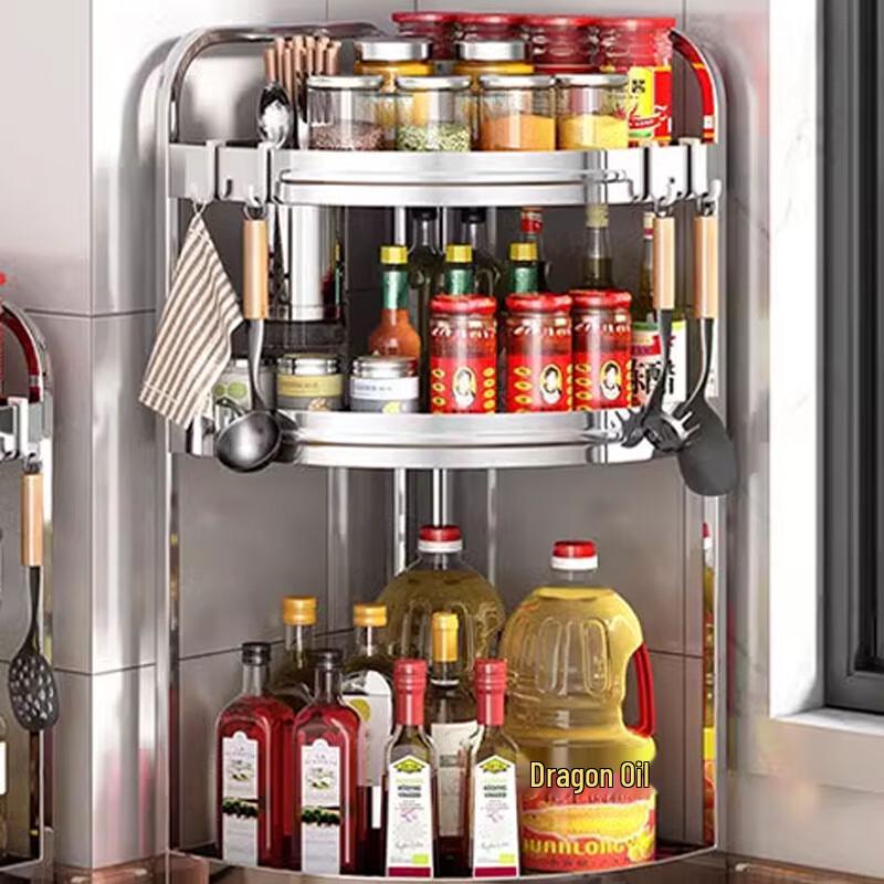 Yunshuang Stainless Steel 3-Tier Kitchen Corner Storage Rack with Chopstick Holder & Hooks