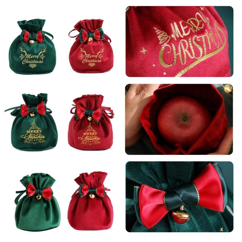 Reusable Holiday Velvets Treat Pouch Drawstring Gift Bag With Bowknot And Bell Christmas Party Decoration Accessories
