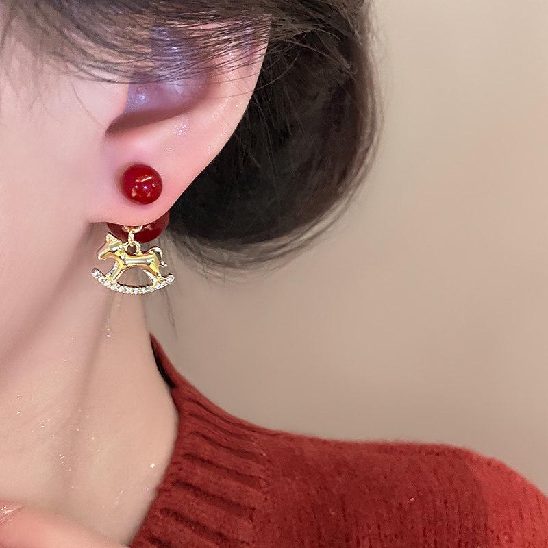 Red Bead Pony Pendant Earrings Earrings New Chinese Retro Versatile Earrings