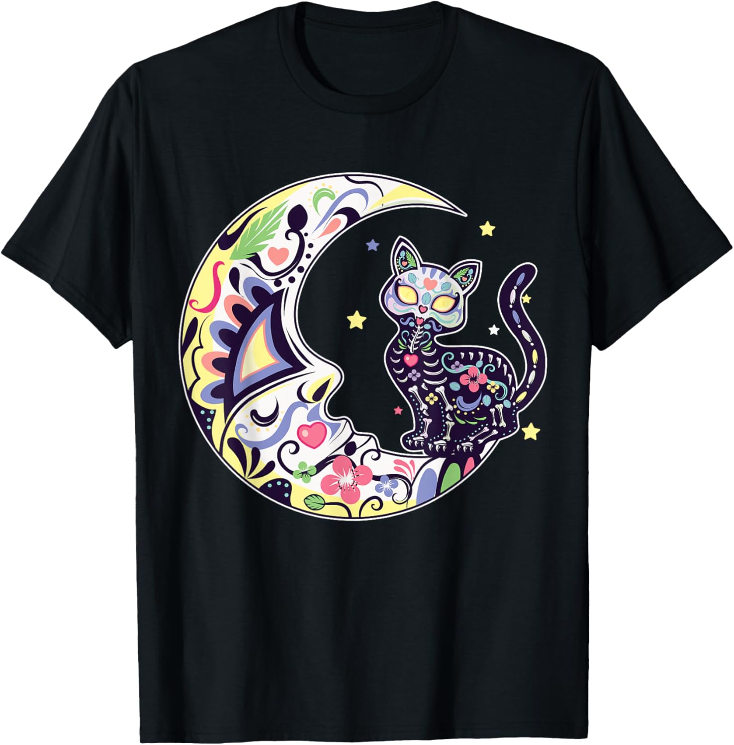 Cat And Moon Sugar Skull Dia De Los Muertos Day Of The Dead T-Shirt for Men Women XXXXL