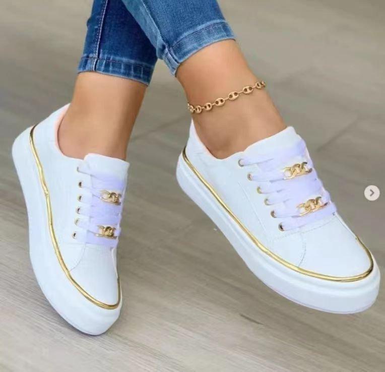 Women Shoes Chain Sports Style Low-top Single Shoes Women's Leather Front Lace-up Casual Single Shoes