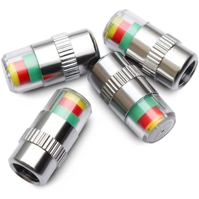 Bouchons de valve - 4 pièces - Métal chromé &amp; PC - Indicateurs colorés (argent, rouge, jaune, vert) - 23x11,5 mm