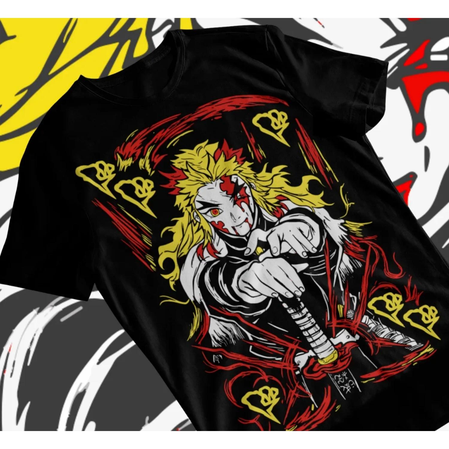 Футболка Кёджуро Рэнгоку Клинок, рассекающий демонов Аниме Убийца демонов Черная футболка Мягкая футболка S чёрный