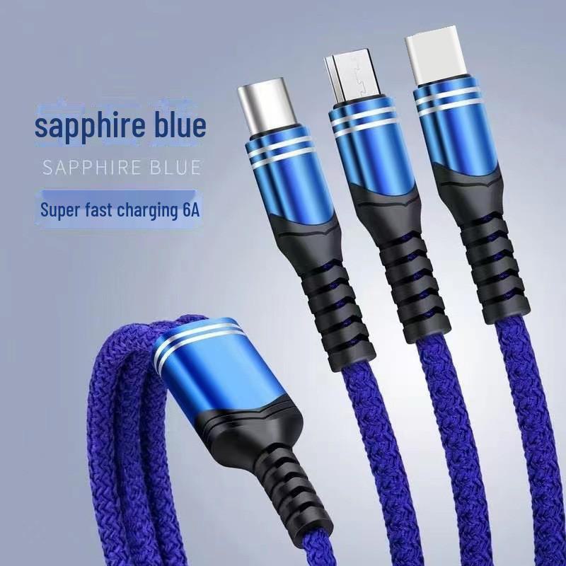 Neues geflochtenes 3-in-1-Datenkabel mit 6 A für superschnelles Laden für Android-, Typ-C- und Apple-Geräte