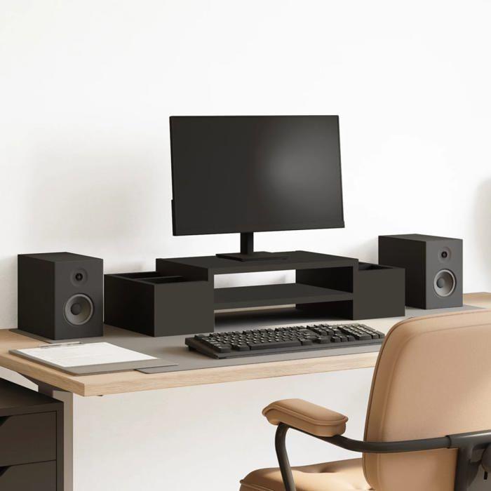 VidaXL Support de moniteur avec rangement noir bois d'ingénierie, support de moniteur pour bureau, étagère de moniteur, 854680