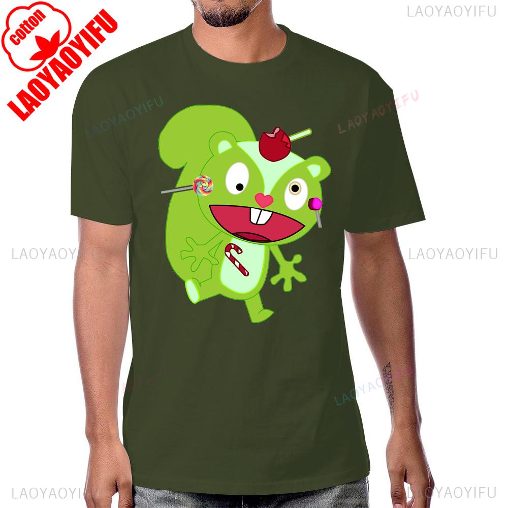 Yenilik Mutlu Ağaç Arkadaşları Anime Tişört Siyah Mizah Çizgi Film Kısa Kollu Yaz Tarzı Erkek Tişört Pamuk Nefes Alabilir Konfor T-shirtler