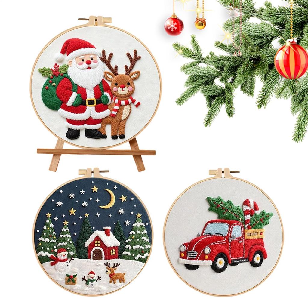 Weihnachtssticksets für Erwachsene Handgefertigt Gestempelt Anfänger Stickset Inklusive Rahmen für Frauen Mädchen Mama Festival