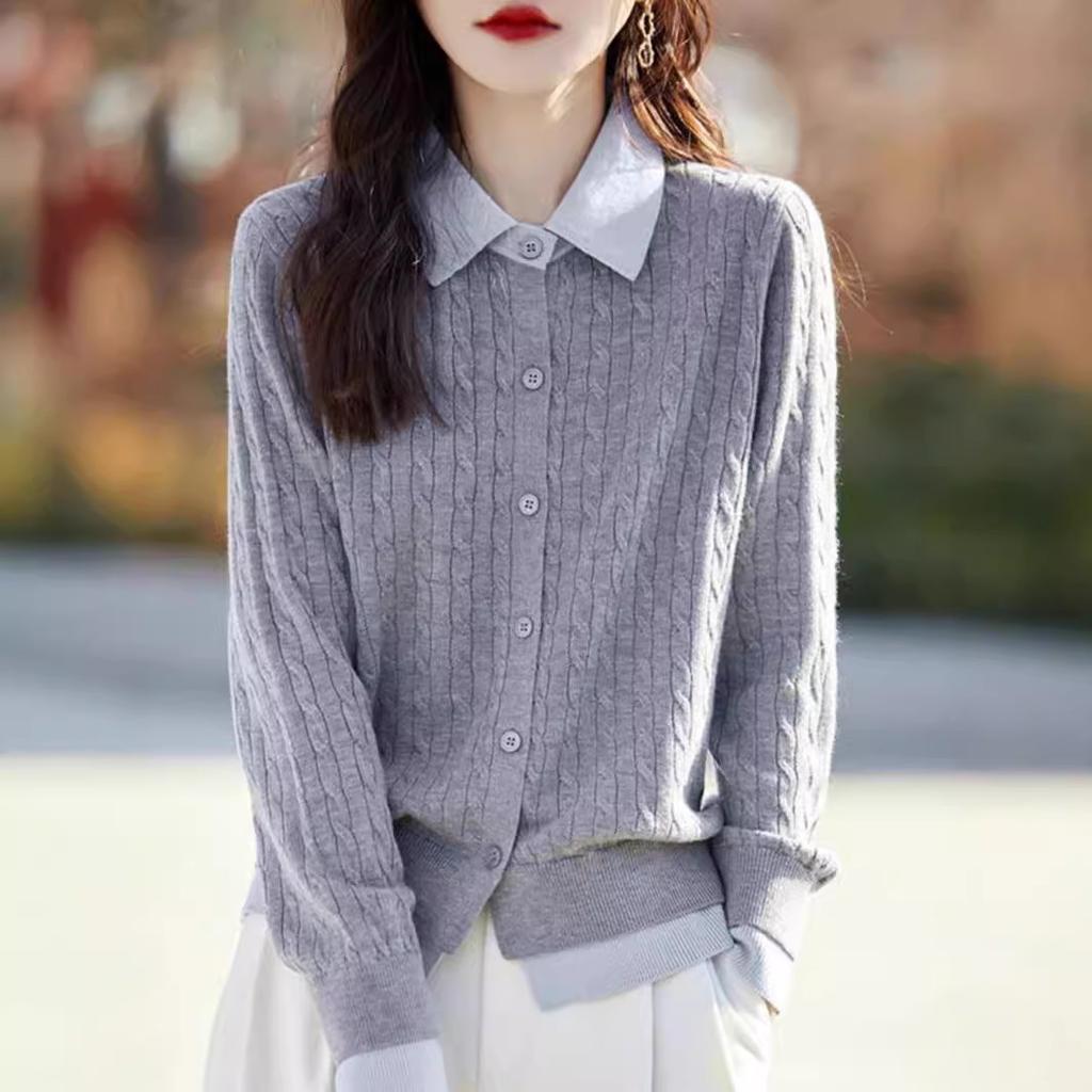 New Autumn Style Doll Collar Buckle Knitted Cardigan for Women with Fake Two-piece Cable POLO Collar Contrasting Twist Sweater